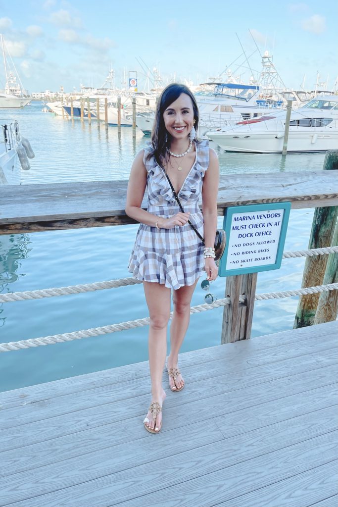 taupe plaid romper in key west dock
