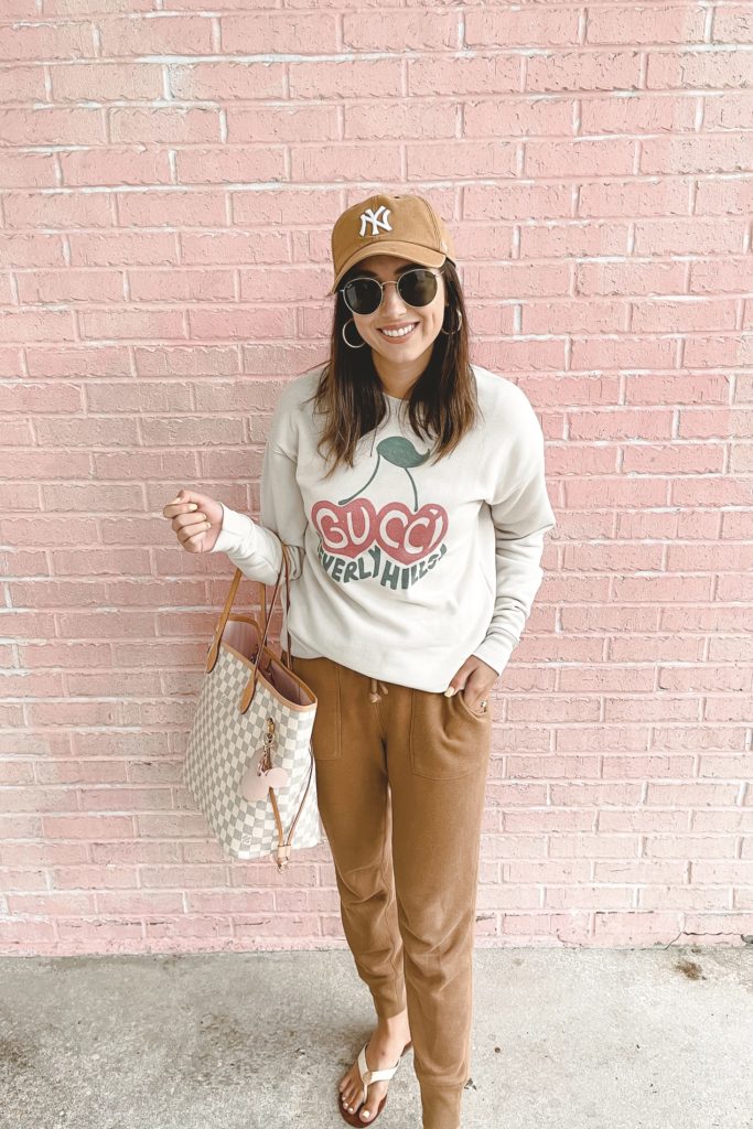 gucci cherry sweatshirt with abercrombie joggers and louis vuitton neverfull