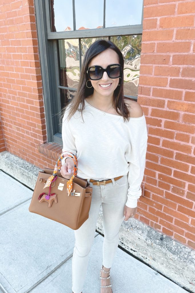 z supply off the shoulder top with l'agence marguerite jeans and hermes gold birkin