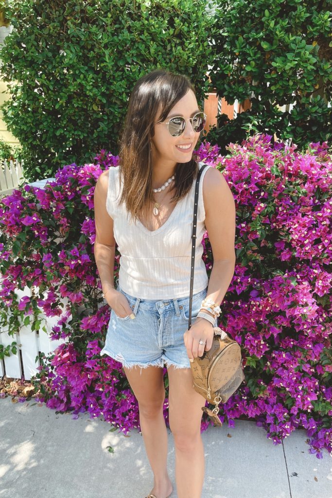 chaser ribbed tank with agolde denim shorts and lv palm springs mini