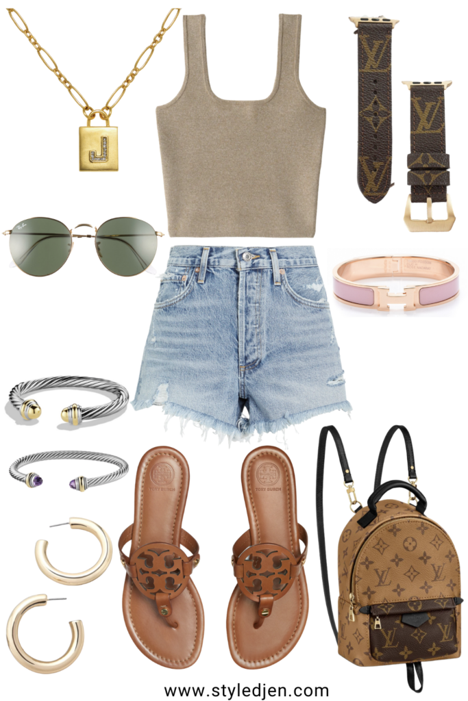 abercrombie square neck sweater tank with tory burch sandals and agolde denim shorts
