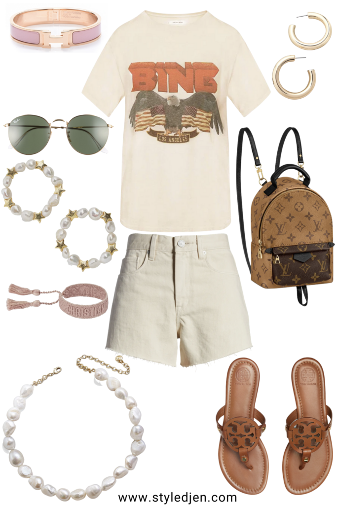 anine bing white vintage tee with cream shorts and pearl necklace