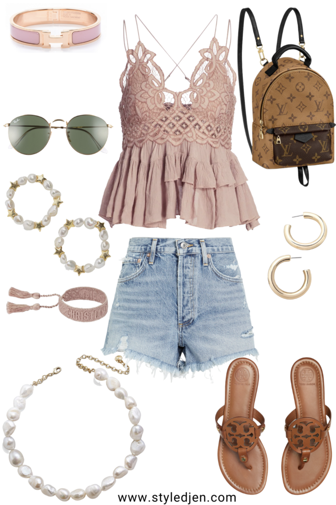 free people adella mauve tank with pearl necklace and agolde denim shorts