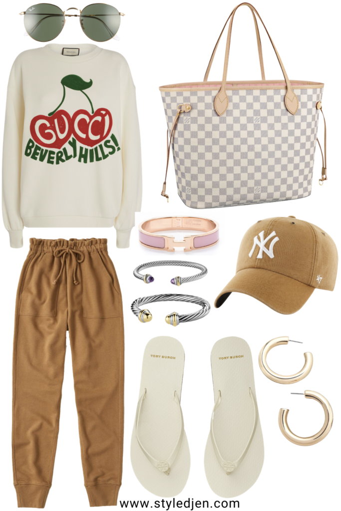gucci cherry sweatshirt with abercrombie joggers and louis vuitton neverfull azur