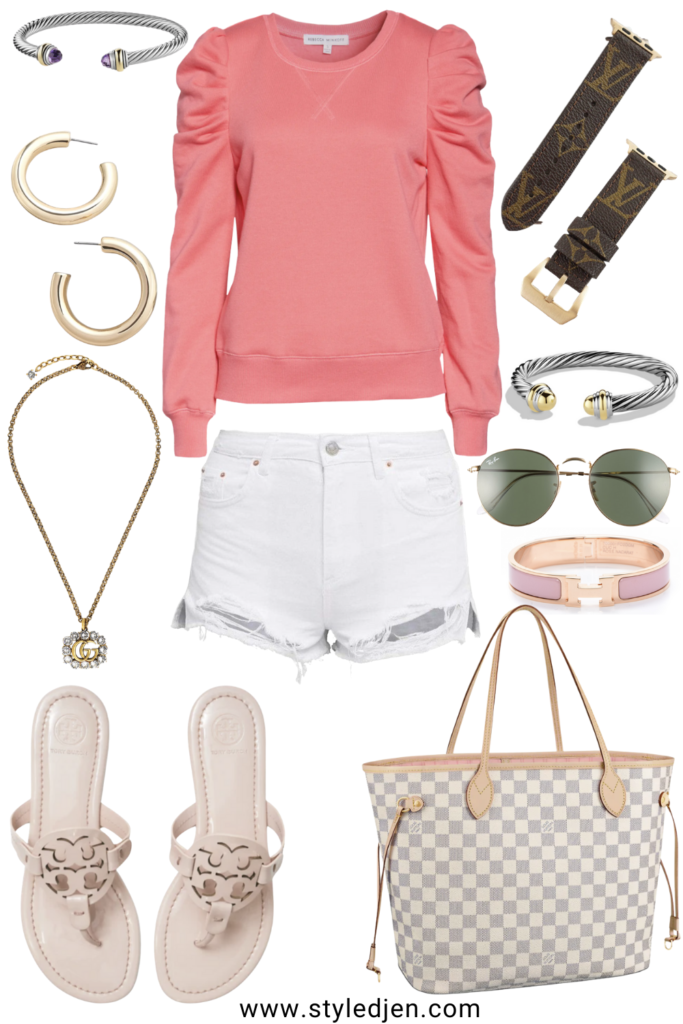 rebecca minkoff puff sleeve sweatshirt with white shorts and tory burch sandals
