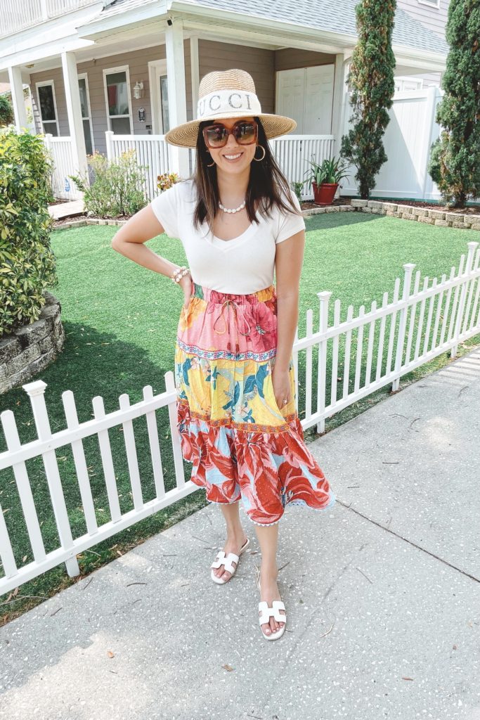 farm rio garden skirt with straw hat and sandals