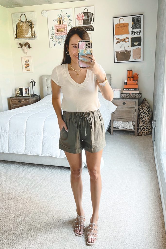 amazon olive shorts with steve madden intricate sandals