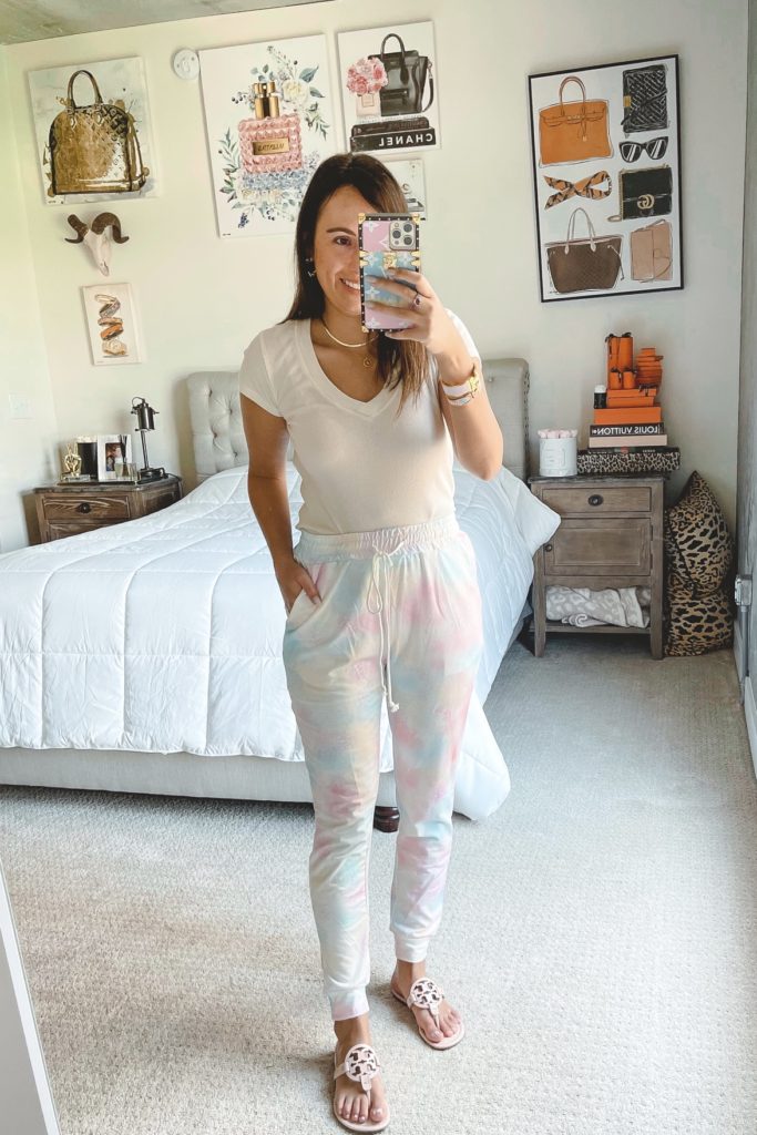 amazon tie dye joggers with tshirt and tory burch flip flops
