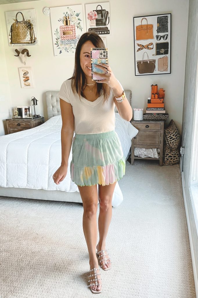 amazon tie dye mini skirt with steve madden intricate sandals