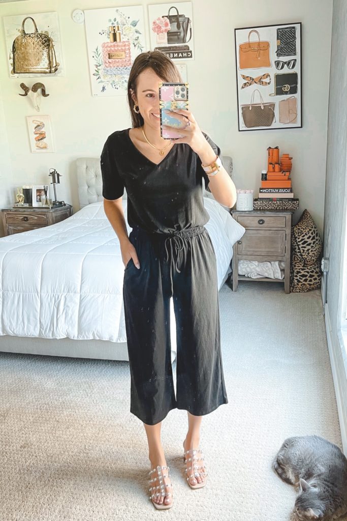 amazon black wide leg jumpsuit with steve madden intricate sandals
