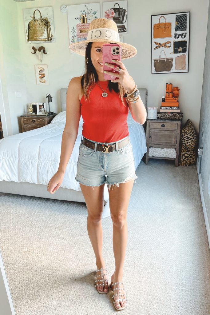 red tank with brixton hat and steve madden intricate sandals