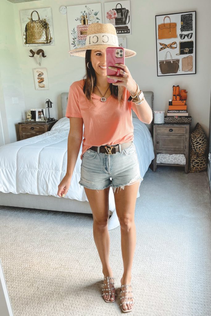 z supply coral tee with brixton hat and steve madden intricate sandals