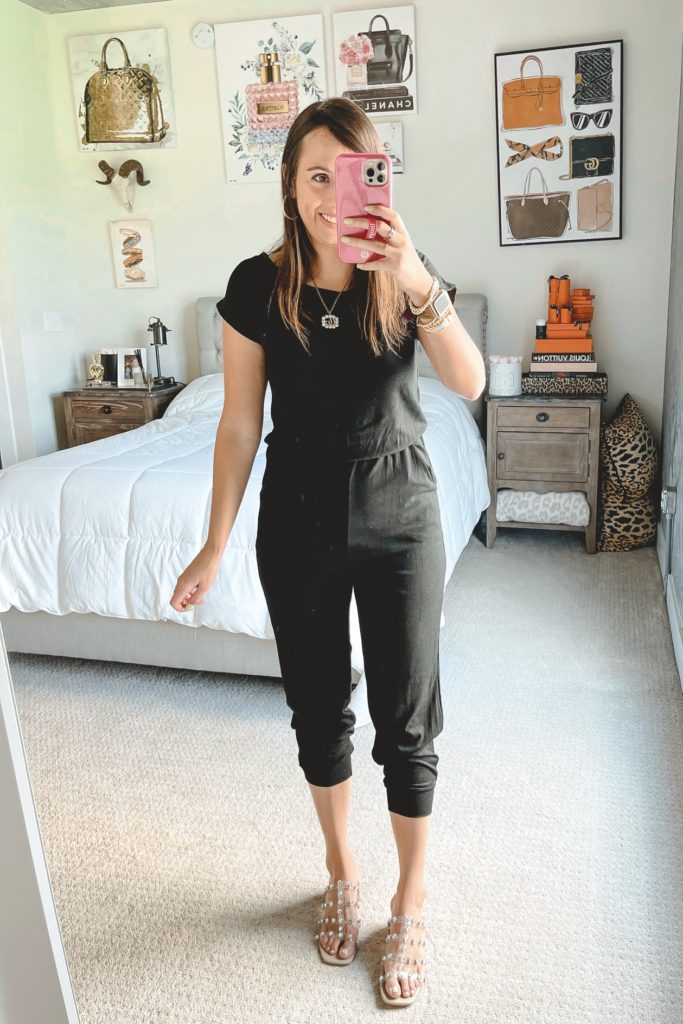 amazon black jumpsuit with gucci necklace and steve madden intricate sandals