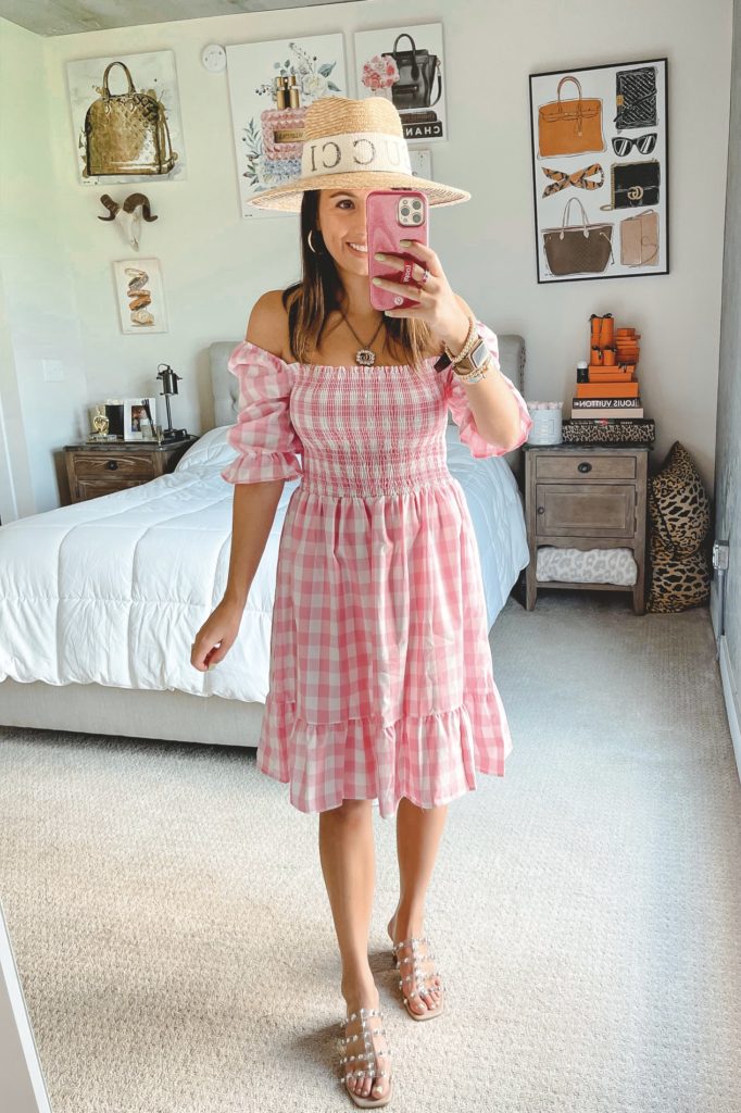 pink gingham dress with brixton hat and steve madden intricate sandals
