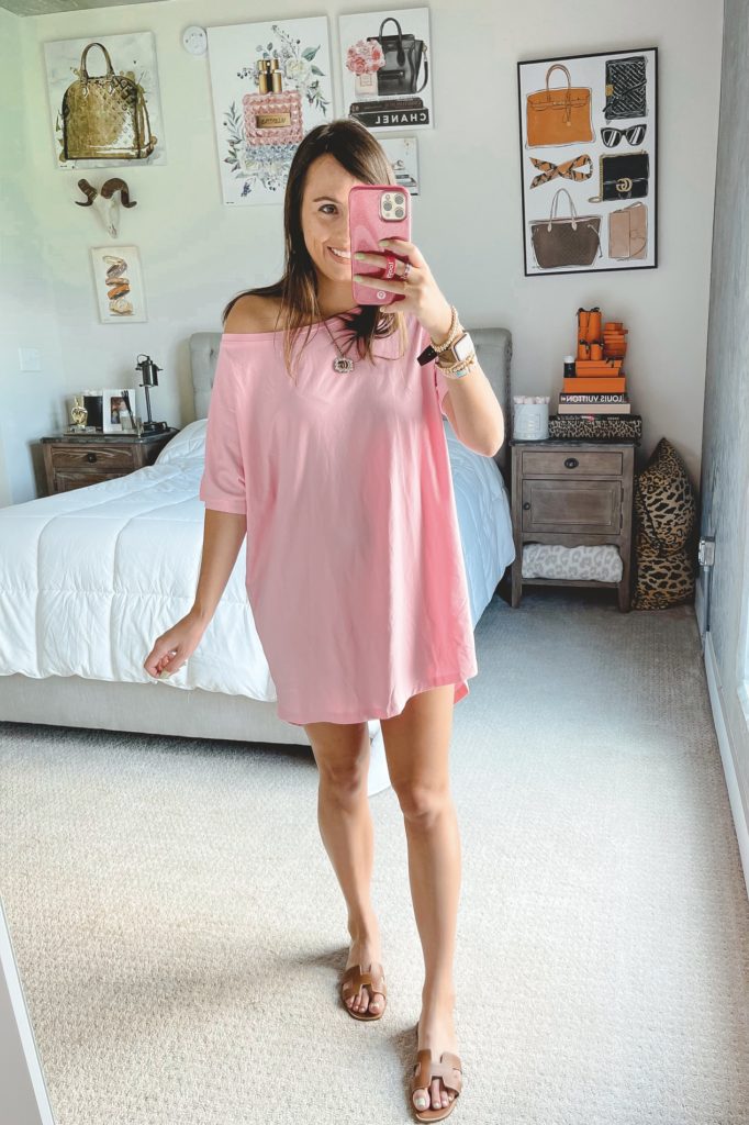amazon pink off the shoulder dress with gucci necklace and hermes oran sandals