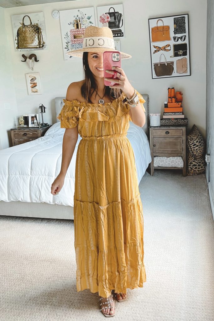 mustard yellow maxi dress with brixton hat and steve madden intricate sandals