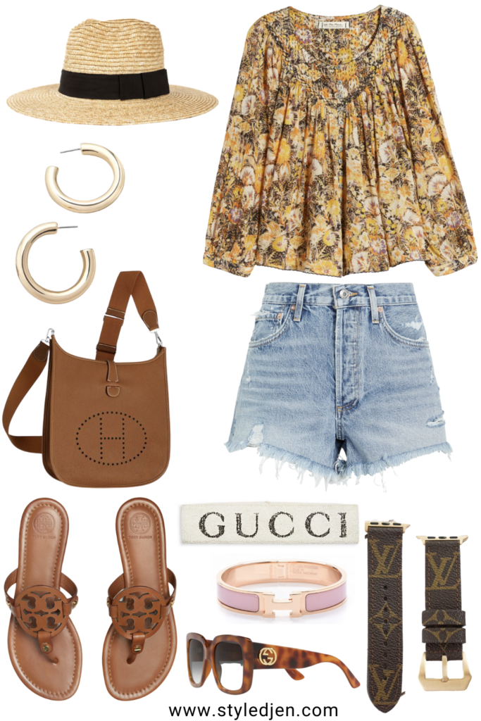 free people cool meadows top with agolde parker denim shorts and hermes evelyne
