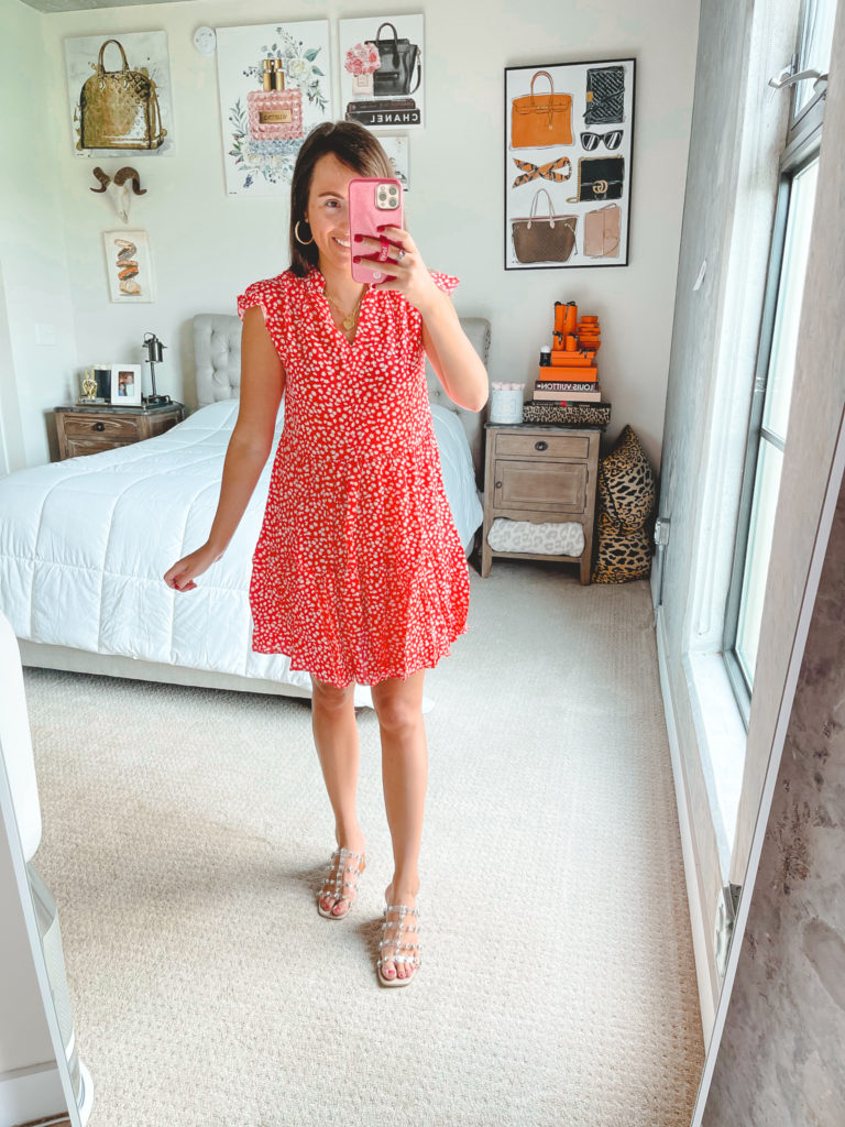 amazon red floral dress with agolde denim shorts and steve madden intricate sandals