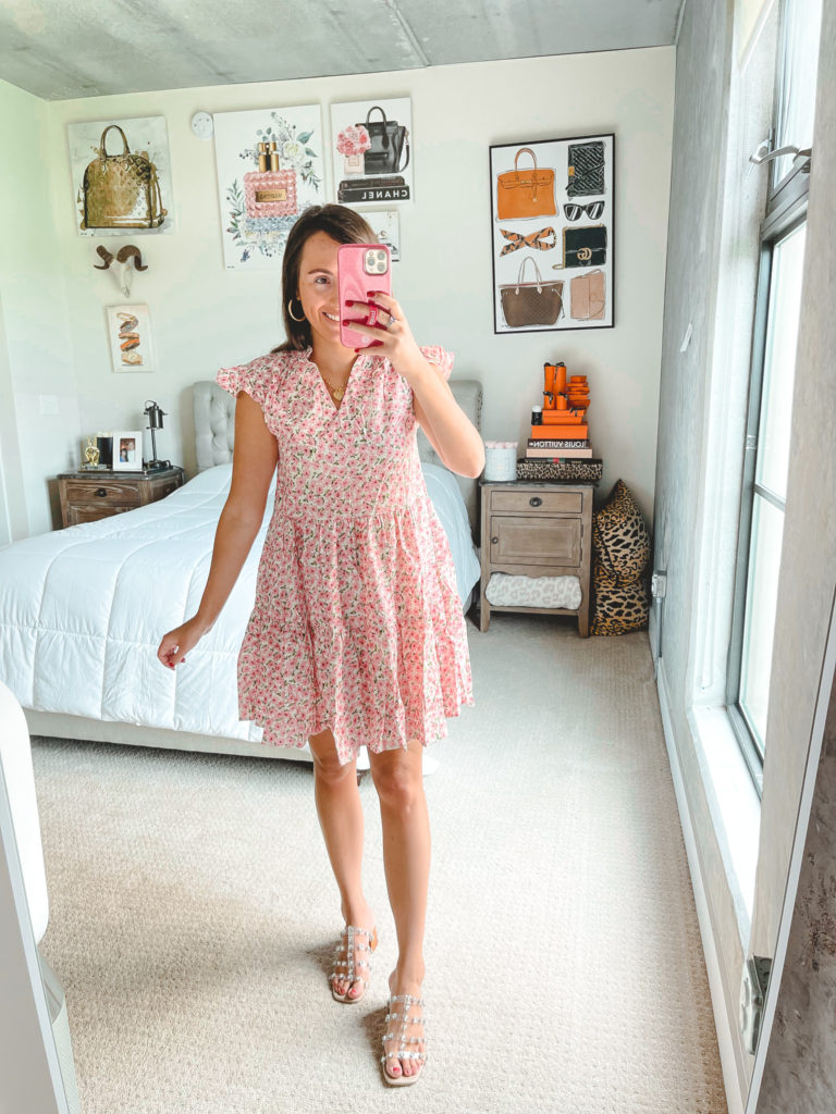 amazon pink floral dress with agolde denim shorts and steve madden intricate sandals