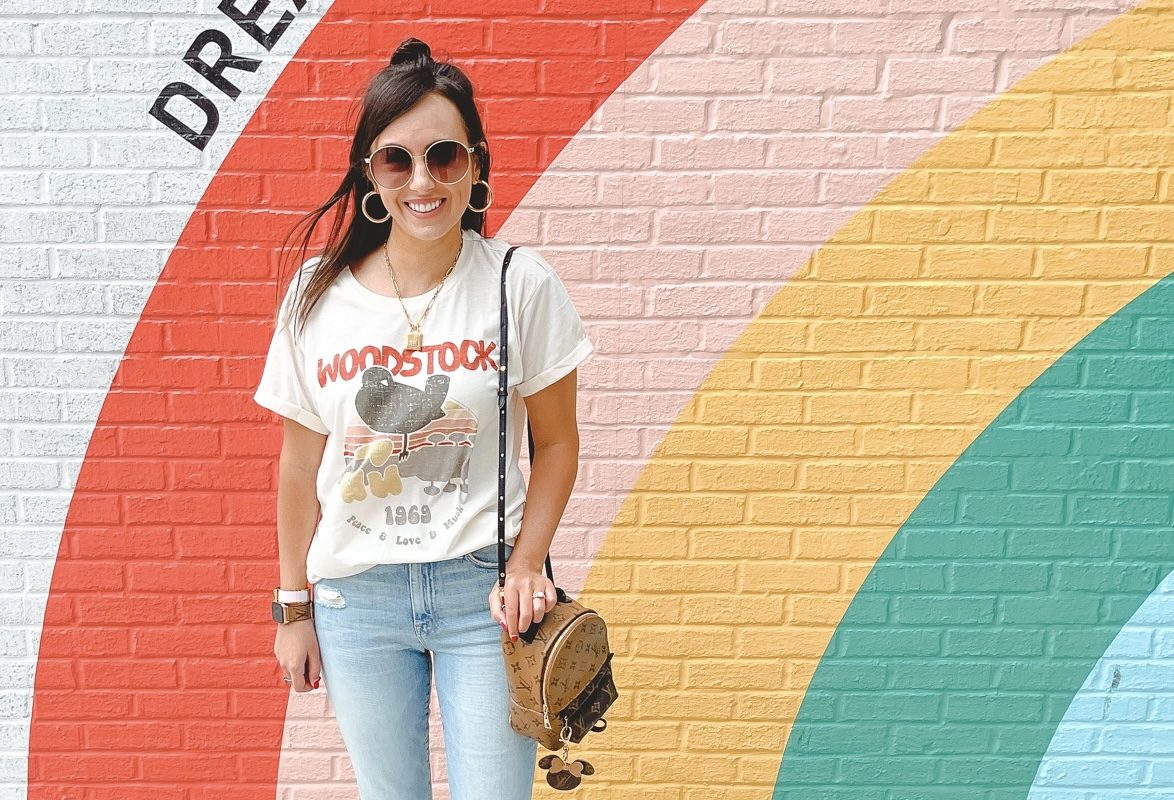 chaser woodstock tee with mother super cruiser flares and gucci sunglasses