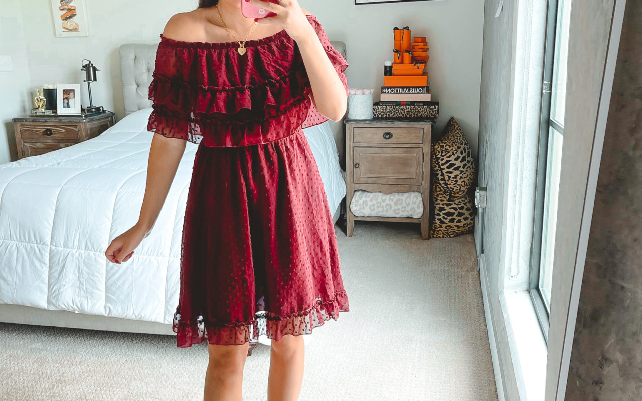 amazon burgundy off the shoulder dress with agolde denim shorts and steve madden intricate sandals