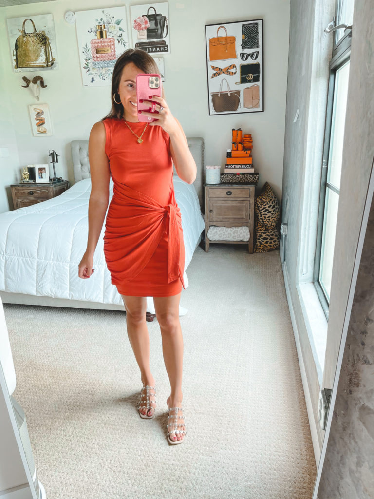 amazon faux wrap rust dress with agolde denim shorts and steve madden intricate sandals