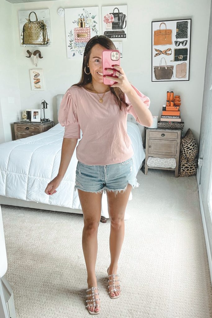 amazon pink puff sleeve tee with agolde denim shorts and steve madden intricate sandals