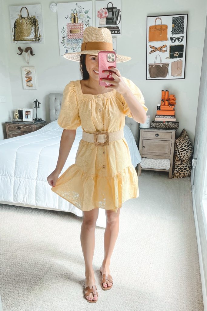 yellow floral mini dress with raffia belt and straw hat