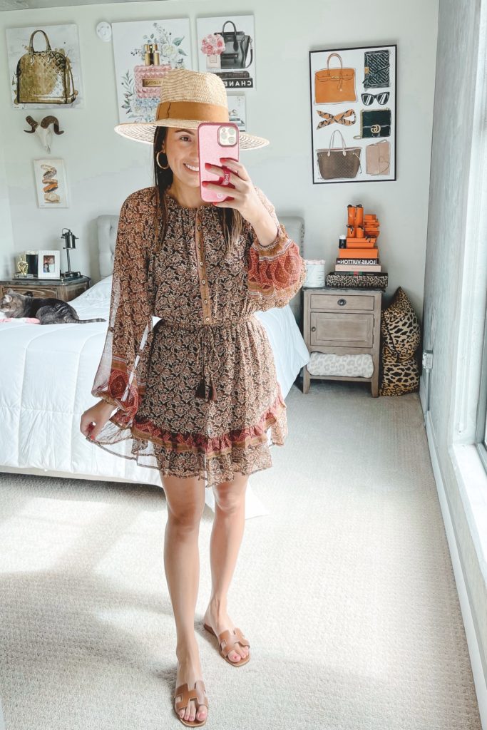 terracotta boho mini dress with raffia belt and straw hat