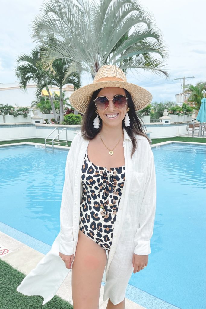 michael kors leopard swimsuit with brixton joanna hat and gucci sunglasses