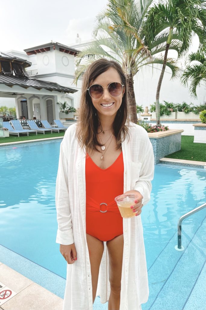 michael kors red poppy swimsuit with gucci sunglasses