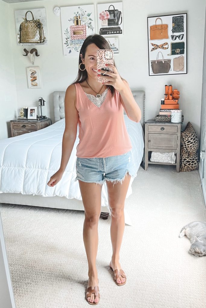 amazon coral lace trim tank with agolde denim shorts and hermes sandals