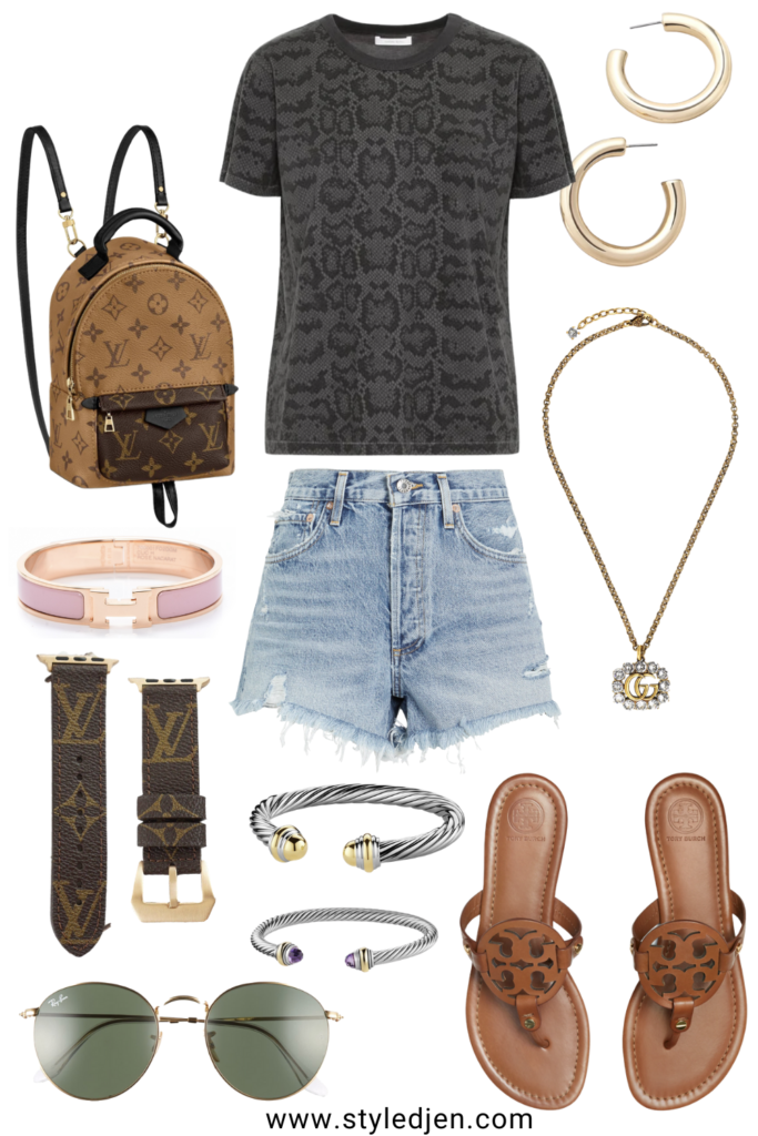 anine bing python tee with gucci necklace and agolde denim shorts