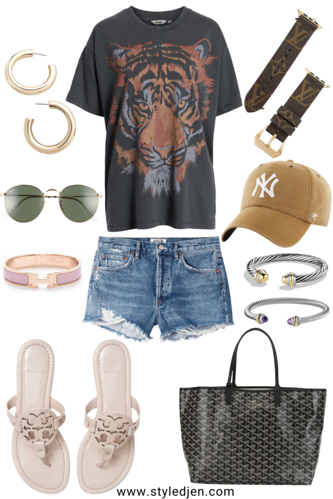 wrangler tiger tee with agolde denim shorts and goyard st louis tote