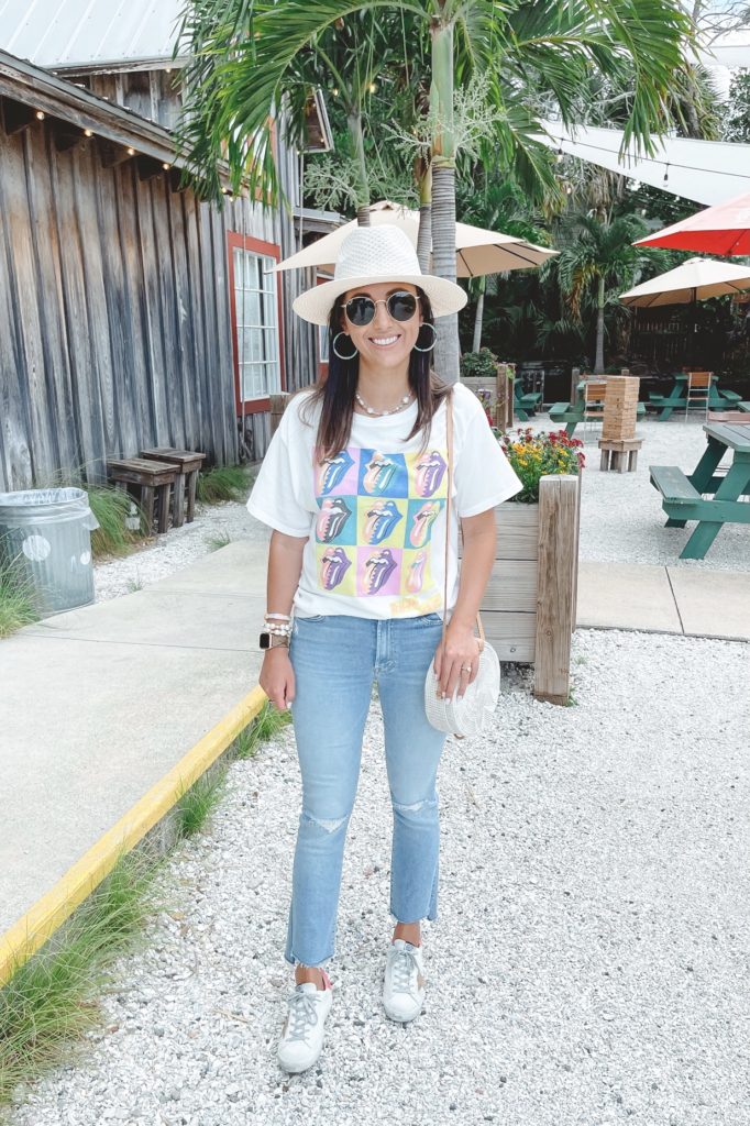 daydreamer rolling stones tee with mother the looker jeans and golden goose sneakers