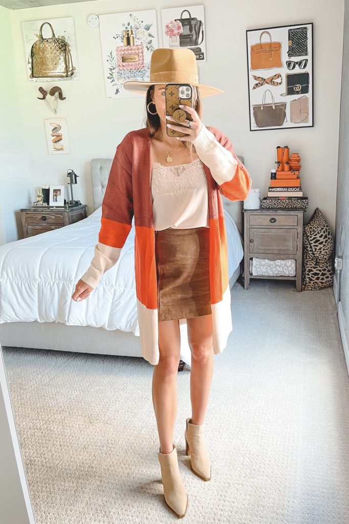 amazon stripe cardigan with suede mini skirt and lace cami