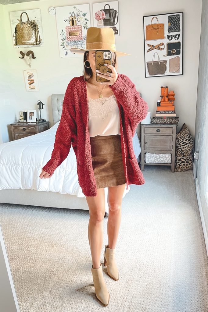 amazon red cardigan with suede mini skirt and lace cami