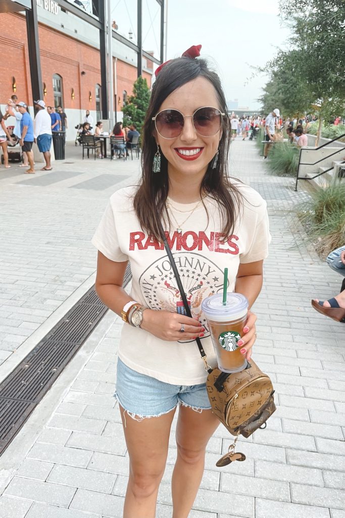 daydreamer ramones tee with gucci sunglasses and louis vuitton palm springs mini