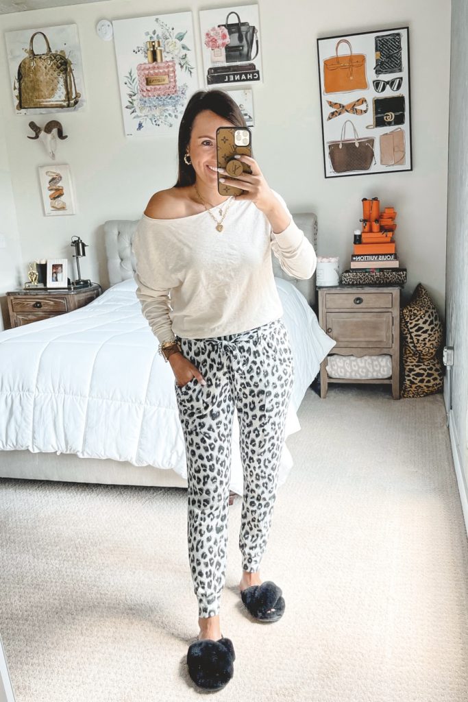 nordstrom anniversary sale outfit with gibsonlook leopard cozy belted joggers