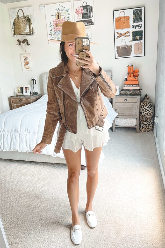 nordstrom anniversary sale outfit with blanknyc suede moto jacket and white romper