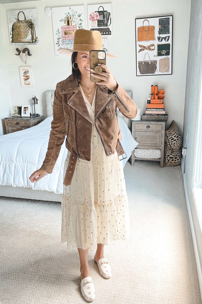 nordstrom anniversary sale outfit with blanknyc suede moto jacket and midi dress