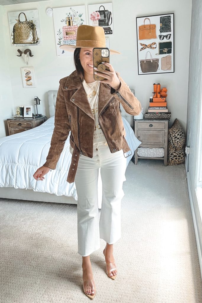 nordstrom anniversary sale outfit with blanknyc suede moto jacket and white crop flares