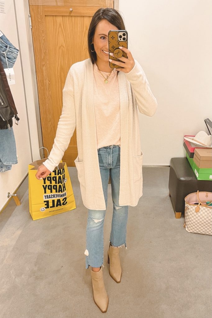 nordstrom anniversary sale barefoot dreams cardigan with mother insider crop denim