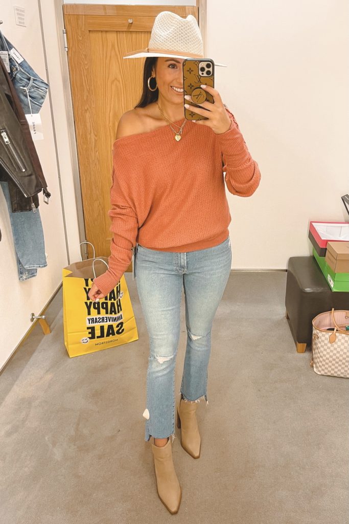 nordstrom anniversary sale off the shoulder waffle knit with mother insider crop denim