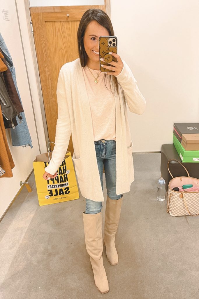 nordstrom anniversary sale barefoot dreams cardigan with sam edelman olly boots