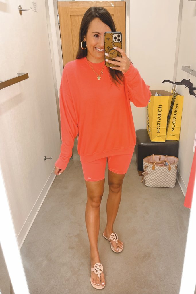 nordstrom anniversary sale alo pink lava pullover and bike shorts
