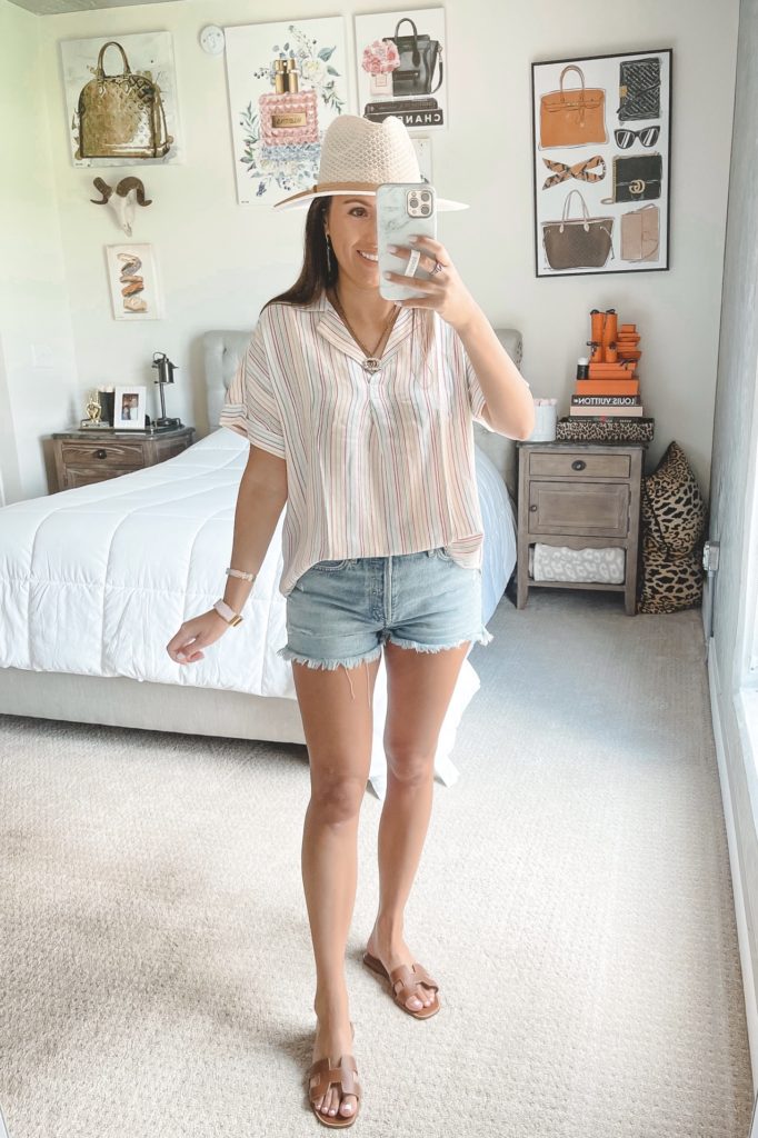 thread supply stripe top with denim shorts and white hat