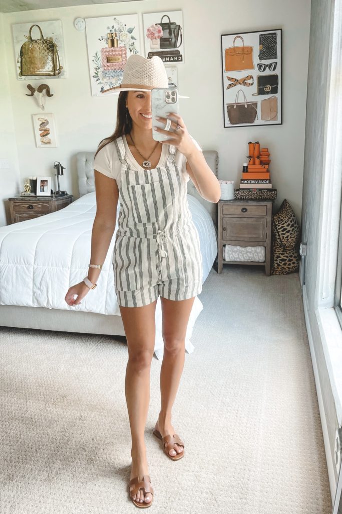 thread supply stripe overalls with denim shorts and white hat