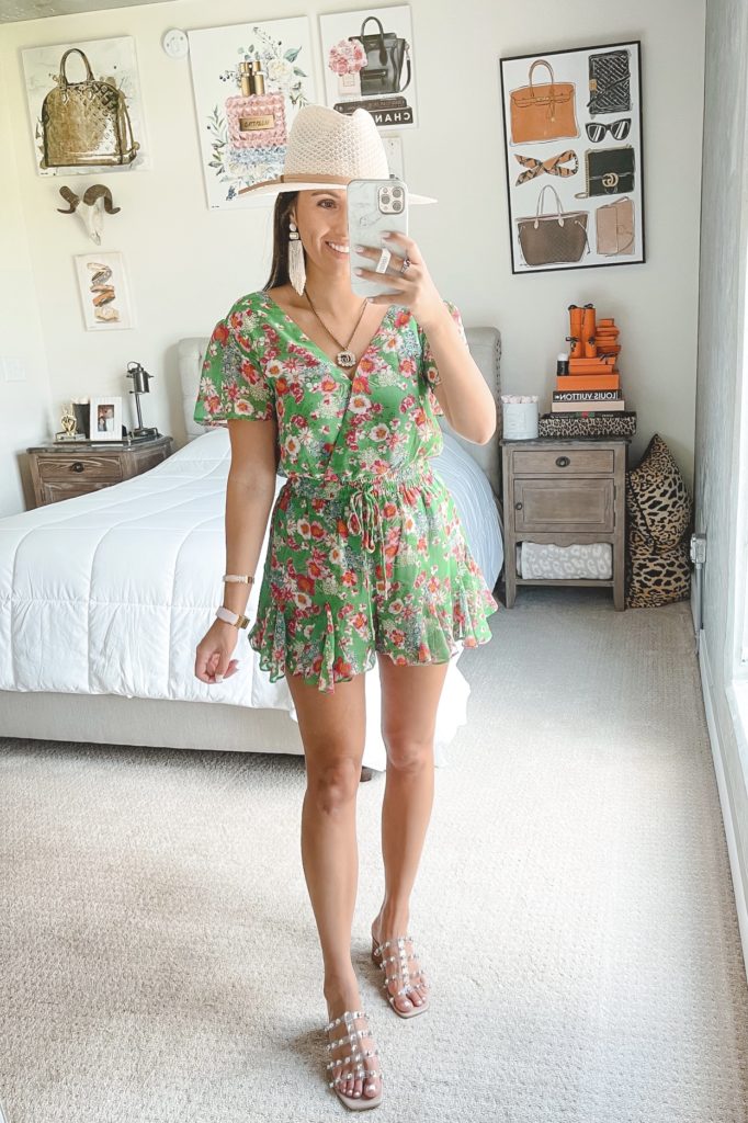 sugarlips green floral romper with white hat