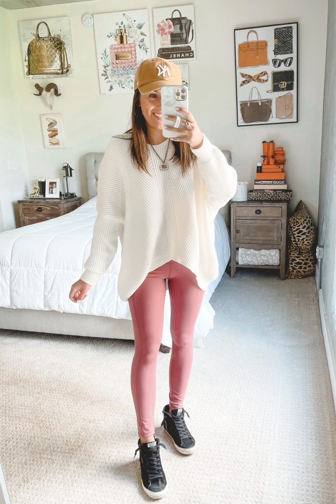 amazon white oversized sweater with pink leggings and golden goose sneakers